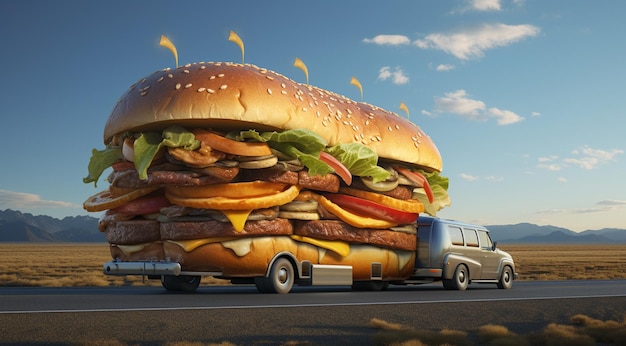 Autocaravana hamburguesa en la autopista generativa IA