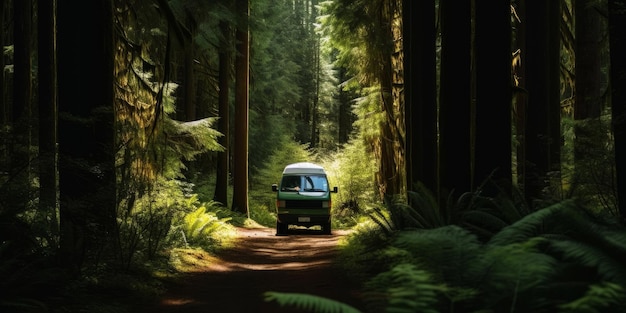 Autocaravana en un hermoso paisaje forestal Van vida aventura vacaciones Generativo ai
