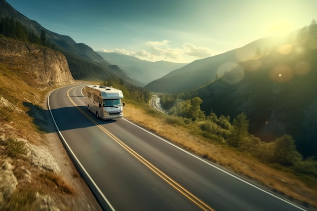 Una autocaravana de lujo que conduce por una carretera de montaña con impresionantes vistas generadas por IA