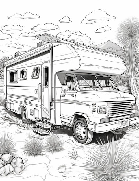 Autocaravana en la playa Ilustración vectorial para colorear libro