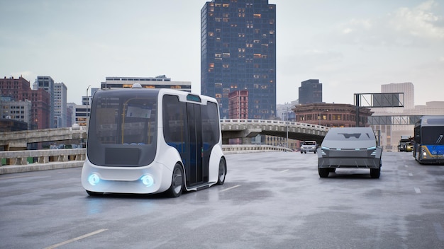 Autocarro elétrico autônomo dirigindo na rua Conceito de tecnologia de veículo inteligente 3d render