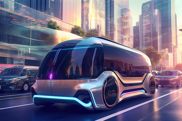 Autocarro futurístico percorre uma via pública