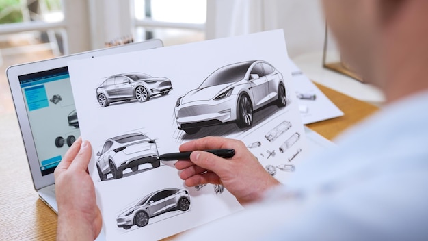 Autodesigner analysiert sorgfältig den Prototyp des Autos Synchronos