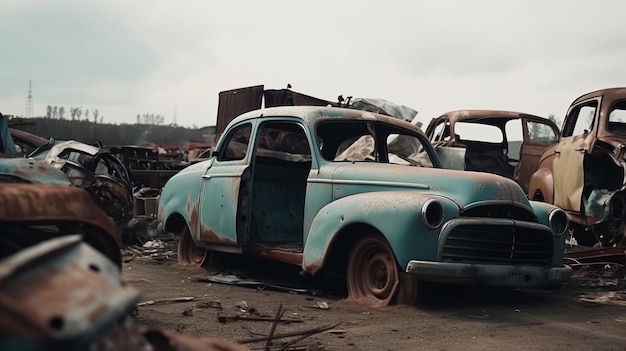 Foto autodumpf mit alten, rostigen fahrzeugen, die einen friedhof verlassener autos bilden