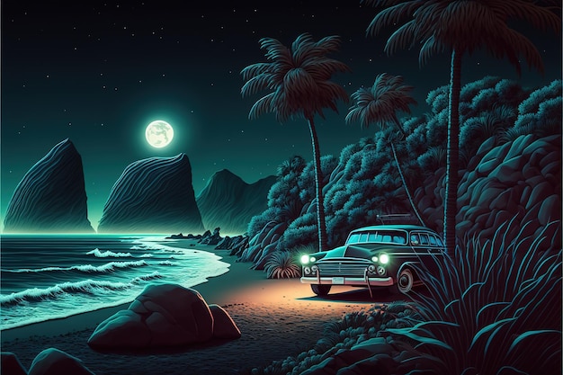 Autofahrt auf der Straße am Meeresstrand bei Nacht Bunte Cartoon-moderne Illustration gut für Ihr Design AI
