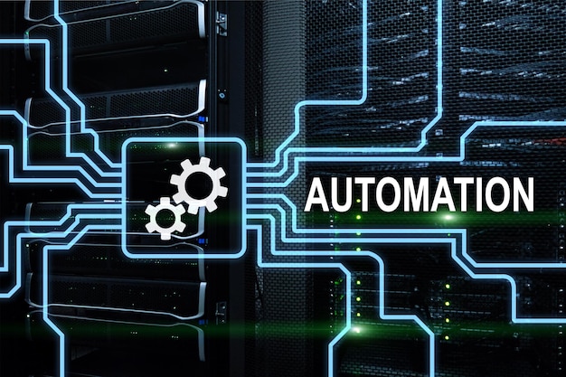 Automação de processos de negócios e tecnologia de inovação na fabricação do conceito de Internet e tecnologia no fundo da sala do servidor