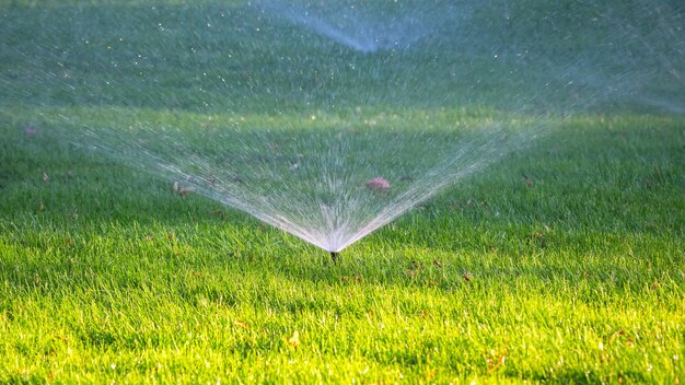 Automatische Bewässerung von Rasenflächen im Park Bewässerung von Ziergras im Erholungsgebiet des Stadtpark-Wasserbrunnens bei Sonnenlicht