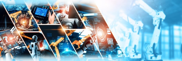 Automatisierte AI-Industrie-Roboter und Roboterarme in der Fabrikproduktion NLP