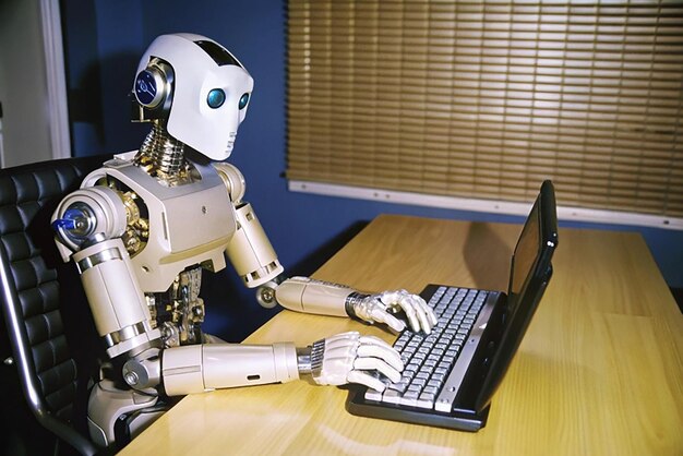 Automatisierte Arbeit von Software-Business-Projektentwicklungsrobot mit Tastatur am Tisch