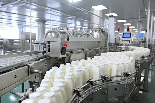 Automatisierter Prozess der Befüllung von Milch und Joghurt in Plastikflaschen in einer modernen Milchfabrik