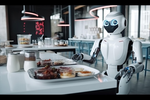 Automatisierter Roboter, der Essen im Restaurant serviert. Generative KI