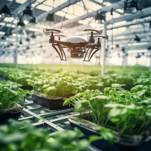 Automatisiertes Pflanzenschutzsystem in einer Hightech-Farm Futuristische Farm mit Sensorgeräten a