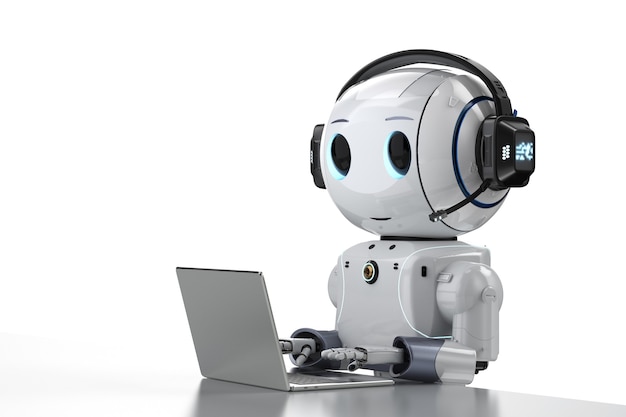 Automatisierung des Kundendienstkonzepts mit 3D-Rendering von niedlichen Robotern, die mit Headset und Notebook arbeiten