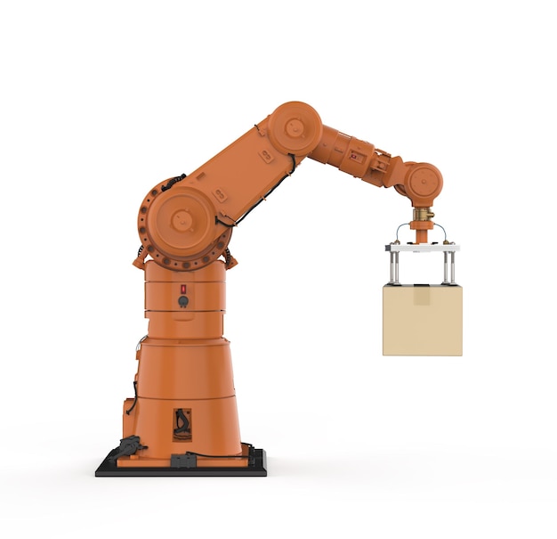 Automatisierungsfabrik oder Fracht mit 3D-Rendering-Roboterarm tragen Karton