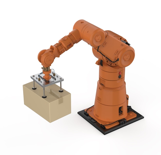 Automatisierungsfabrik oder Fracht mit 3D-Rendering-Roboterarm tragen Karton