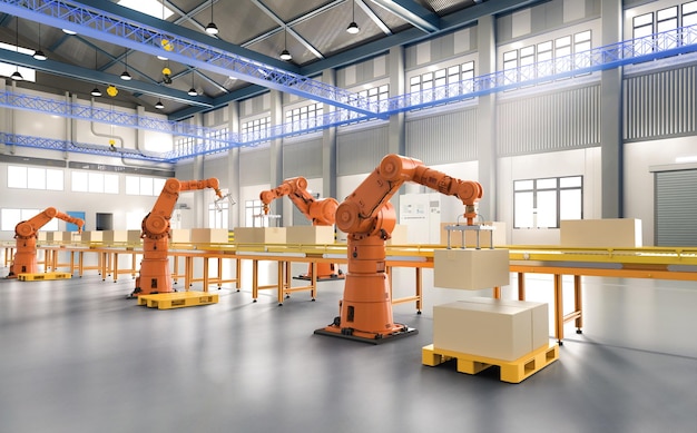 Automatisierungsfabrik oder Fracht mit Roboterarmen und Lagerrobotern