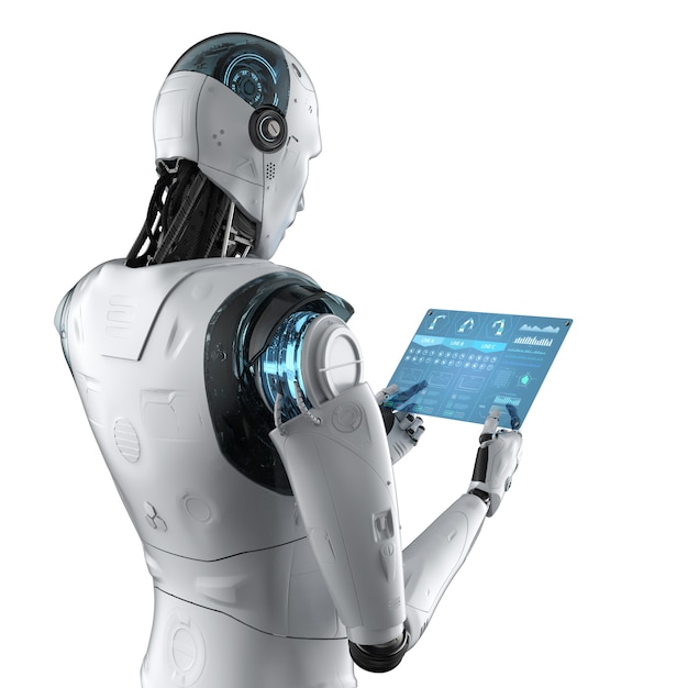 Automatisierungsfabrikkonzept mit 3D-Rendering-Cyborg mit isoliertem Glastablett