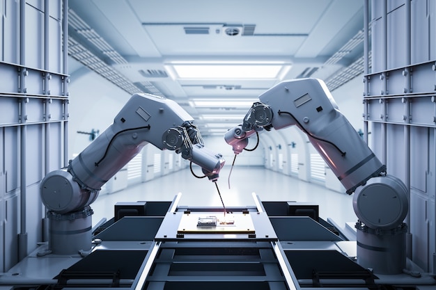 Automatisierungsindustrie mit Robotermontageanlage in der Fabrik