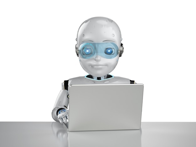 Automatisierungskonzept für Büroangestellte mit 3D-Rendering niedlichen Roboter arbeiten mit Computer-Notebook isoliert auf weißem Hintergrund