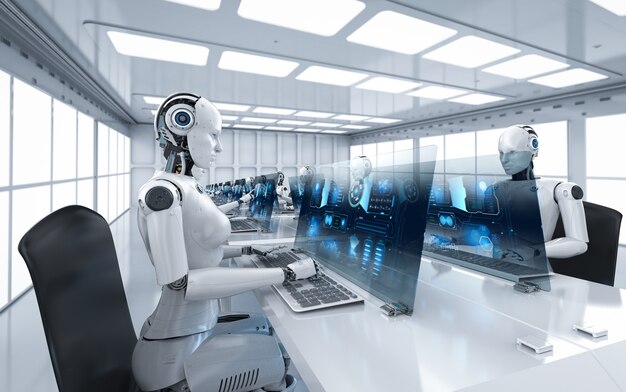 Automatisierungskonzept mit 3D-Rendering weiblichen Cyborgs, die im Büro arbeiten
