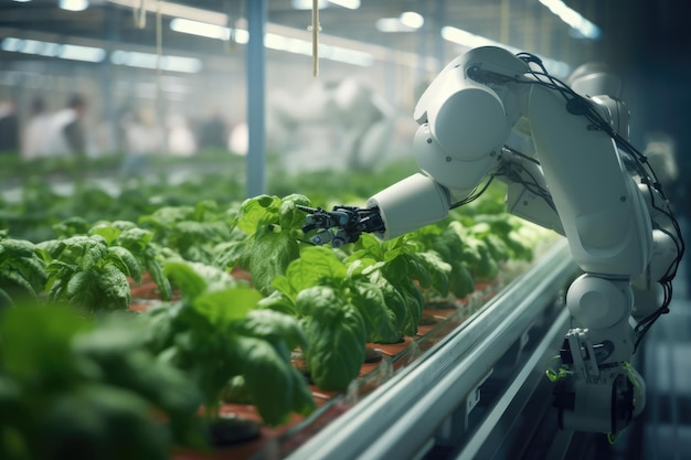 La automatización agrícola futurista usando brazos robóticos para la eficiencia