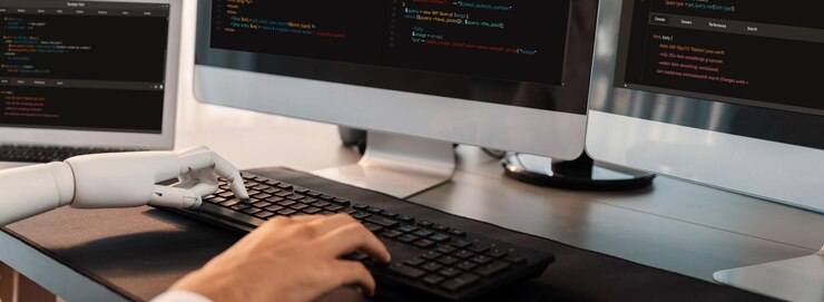Foto automatización de codificación de programas mediante inteligencia artificial generativa o concepto de ia colaboración entre la mano robótica y el desarrollador de software humano resolviendo la depuración o escribiendo guiones pioneros