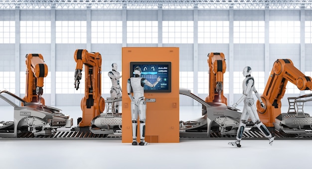 Automatización una fábrica de automóviles con línea de montaje de robots en una fábrica de automóviles