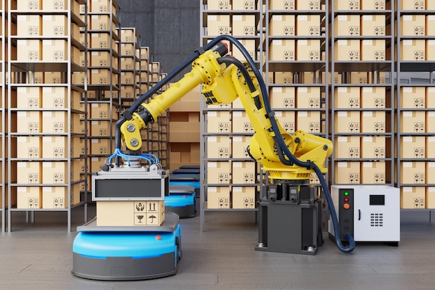 Automatización de fábricas con robot AGV y brazo robótico en transporte