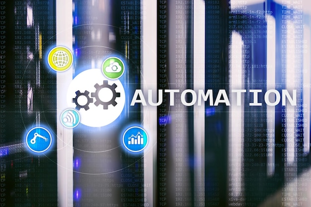 Automatización de procesos comerciales y tecnología de innovación en la fabricación de Internet y el concepto de tecnología en el fondo de la sala de servidores