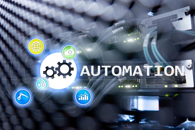 Foto automatización de procesos comerciales y tecnología de innovación en la fabricación de internet y el concepto de tecnología en el fondo de la sala de servidores