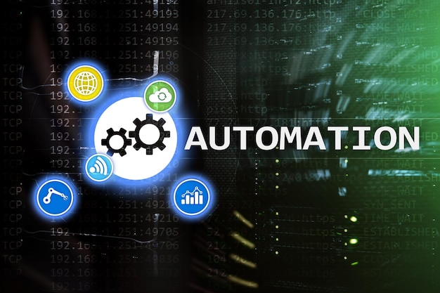 Automatización de procesos comerciales y tecnología de innovación en la fabricación de Internet y el concepto de tecnología en el fondo de la sala de servidores