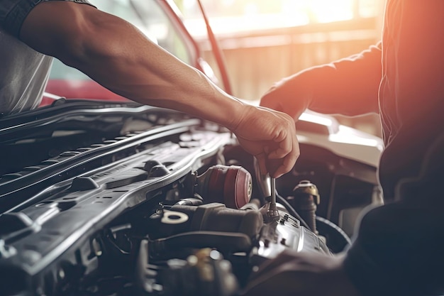 Foto automechaniker, der handschuhe mit schraubenschlüssel trägt, während er am auto arbeitet auto-services und wartungscheck-konzept