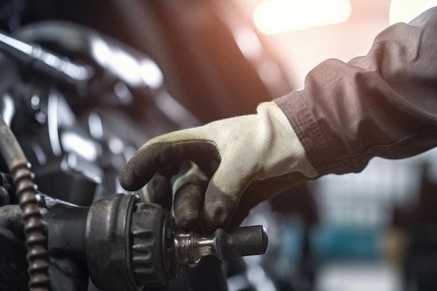 Automechaniker, der Handschuhe mit Schraubenschlüssel trägt, während er am Auto arbeitet Auto-Services und Wartungscheck-Konzept