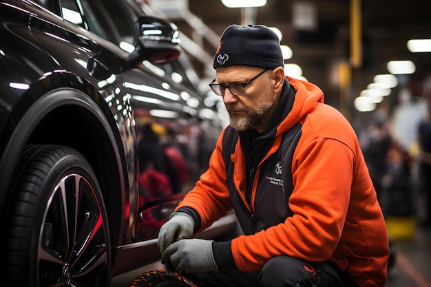 Automechaniker, der in der Garage arbeitet und Reifen aus Legierung wechselt, Reparatur- oder Wartungsservice für Autos