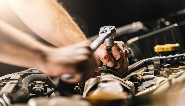 Automechaniker im Autoreparaturservice mit Schraubenschlüssel