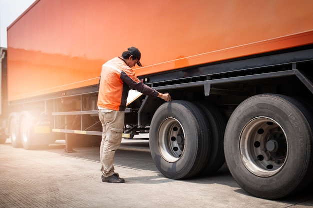 Automechaniker Prüfung eines Lkw-Räder Reifen Lkw-Inspektion Wartung Sicherheit Fahren