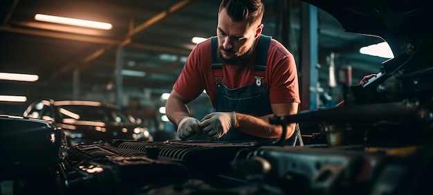 Automechanikerin repariert ein Auto in einer Autowerkstatt