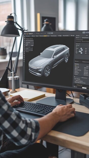 Automobildesigner arbeitet an einem Desktop-Computer mit 3D-Anpassungssoftware für einen Prototyp Ca