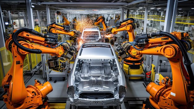 Automobilfabriken mit Roboterarmen sind vollständig automatisiert in der modernen Fabrik