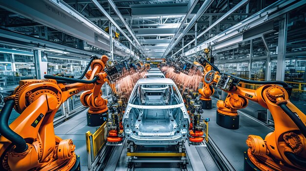 Automobilfabriken mit Roboterarmen sind vollständig automatisiert in der modernen Fabrik