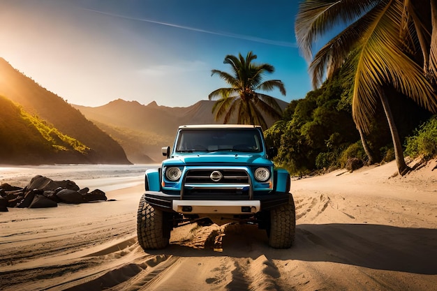 Automodell am Strand mit Palmen im Hintergrund