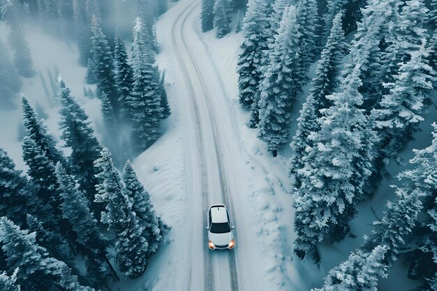 Automóvel a conduzir através de floresta nevada IA gerativa