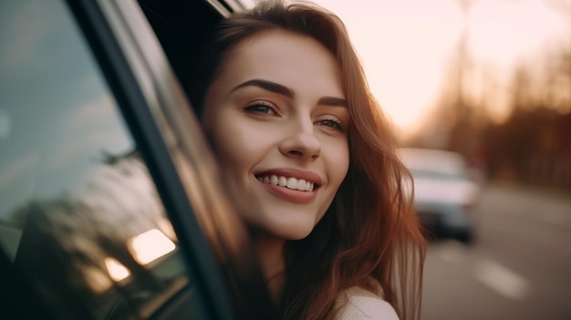 Automóvel feliz para uma jovem simpática Considere uma jovem adorável dirigindo um carro e sorrindo Retrato de IA generativa de um carro de direção com uma motorista alegre