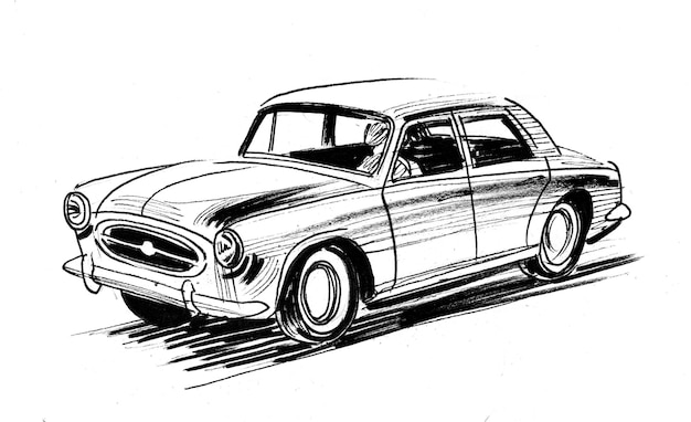 Automóvel retrô. Desenho de tinta preto e branco