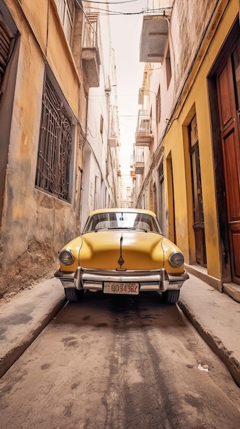 Un automóvil amarillo está estacionado en una calle estrecha Imagen generativa de IA