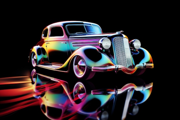 Un automóvil con un automóvil de colores del arco iris reflejado en una superficie reflectante.