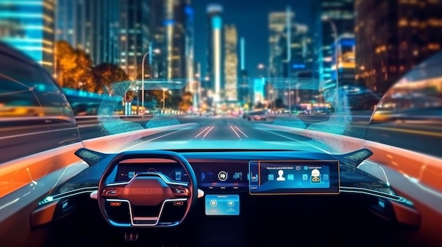 Un automóvil autónomo con pantalla de visualización frontal Coche autónomo generativo de IA en las calles de la ciudad