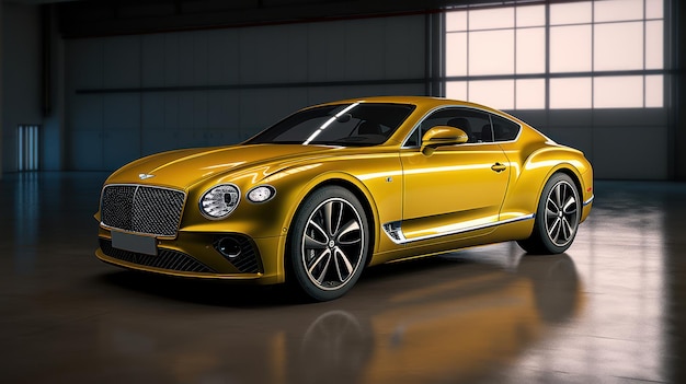 Un automóvil Bentley amarillo está estacionado en un garaje.