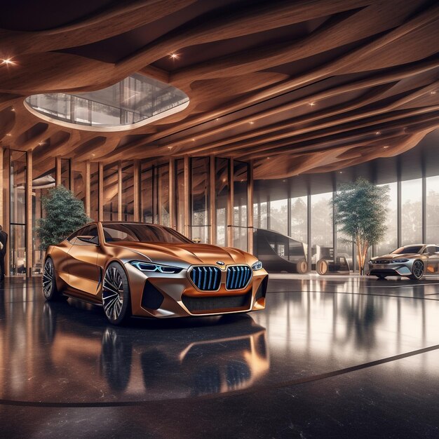 Un automóvil bmw dorado está en una sala de exposición con un gran techo de cristal.