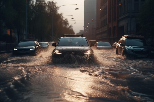 Un automóvil circula por una calle inundada en Berlín.